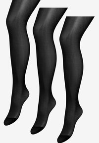 Schwarze, durchsichtige Strumpfhosen in drei Größen. Glatte Textur mit einem leichten Glanz. Offene Zehen-Design. Gleichmäßige Farbe ohne sichtbare Muster oder Verzierungen.