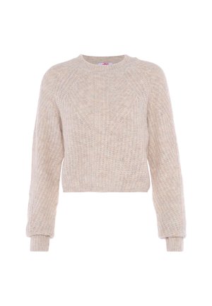 Lysebeige strikket sweater med lange ærmer, ribstrikkede manchetter og rund halsudskæring.