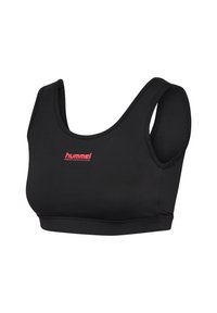 Svart atletisk crop top i slät tyg med breda axelband och rund halsringning. Har en liten rosa "hummel PERFORMANCE"-logotyp.