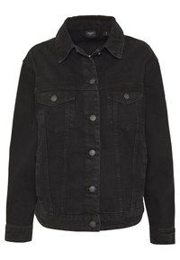 Chaqueta de denim negra con cierre de botones, dos bolsillos en el pecho con solapa, mangas largas y cuello clásico, talla pequeña.