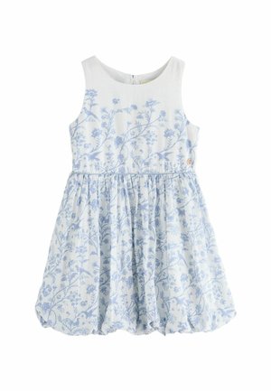 Helles blaues, blumiges Baumwollkleid mit tailliertem Oberteil, weit ausgestelltem Rock und gerafftem Bund. Verfügt über einen runden Ausschnitt und eine Knopfverschluss auf der Rückseite.