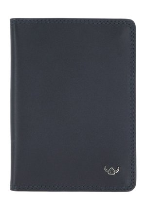 Portefeuille en cuir bleu marine foncé avec une couture soignée et un petit emblème en argent en forme de tête de taureau dans le coin inférieur droit.