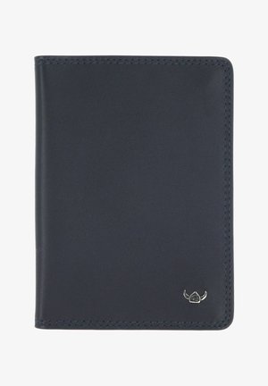 Dark navy leather wallet with neat stitching and a small silver bull head emblem in the bottom right corner.