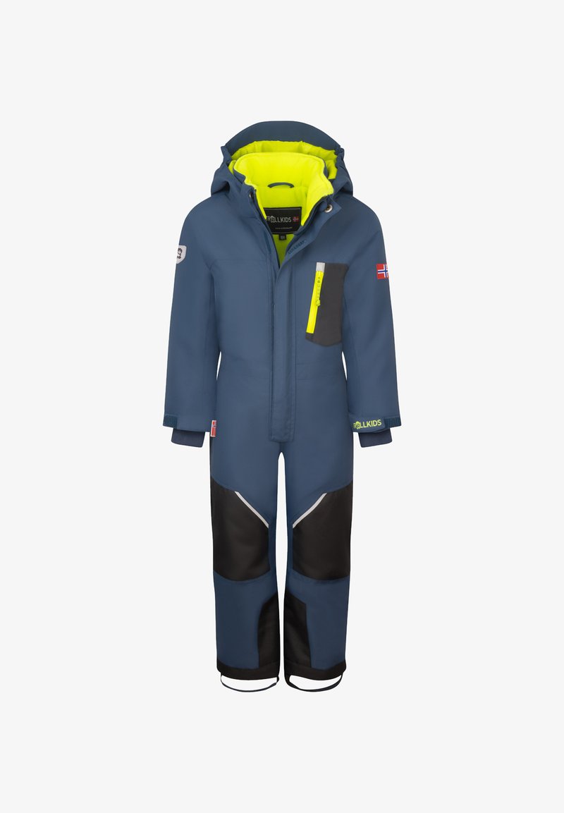 Macacão de neve para crianças em azul-marinho isolado, com um forro verde brilhante, detalhes pretos e elementos refletivos. Possui capuz e múltiplos bolsos.