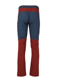 Miestenské vonkajšie nohavice s modro-červeným farebným blokovým dizajnom, elastickým pásom a vreckami na zips, vyrobené z ľahkej a odolnej tkaniny.