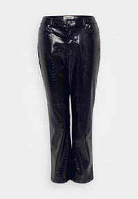 Black faux leather pants with a crocodile texture, featuring a straight leg design and front button closure.
