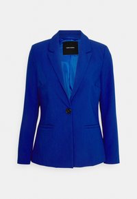 Modrý blazer vyrobený z texturované látky, s jedním knoflíkem, klopovými límci a dvěma předními kapsami pro funkčnost.