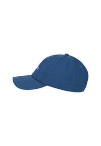 Cappellino da baseball in cotone blu con visiera curva e dettagli cuciti; presenta inoltre fori di ventilazione e un bottone sopra.