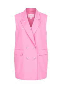 Gilet sans manches rose avec un design croisé, des revers crantés, deux poches avant et des boutons ronds. Texture de tissu lisse.