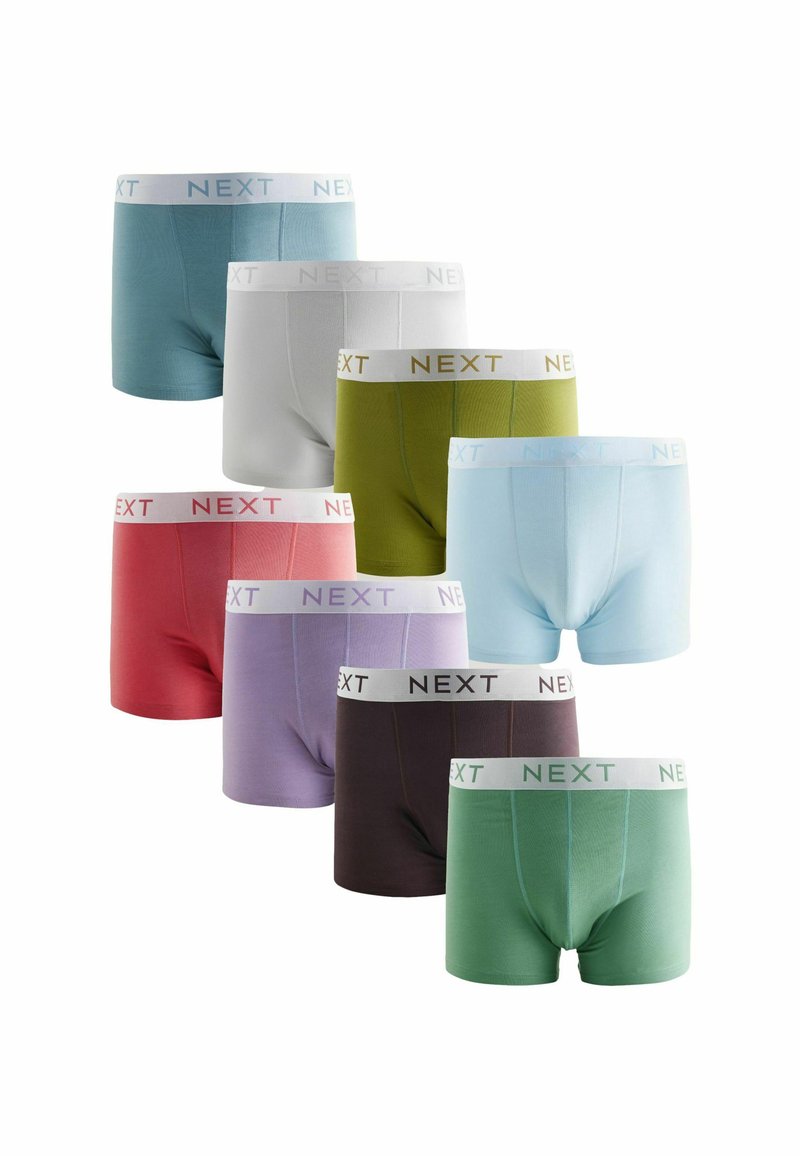 Set aus acht Baumwoll-Boxershorts in verschiedenen Farben: Blau, Weiß, Grün, Rot, Lila, Grau, Rosa und Hellblau, alle mit elastischen NEXT-Logo-Bund.
