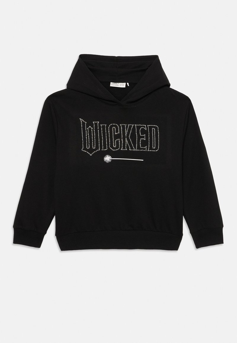 Fekete kapucnis pulóver, ezüst strasszokkal nyomtatva "WICKED" felirattal, puha anyaggal és testhez simuló mandzsettákkal.