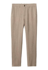 Béžové lněné kalhoty s hladkou texturou, rovnými nohavicemi, předními kapsami a knoflíkovým zapínáním v pase.