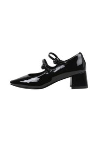 Chaussure Mary Jane en cuir verni noir avec un bout carré, deux courroies à boucle circulaire et un talon épais. Texture lisse et brillante.
