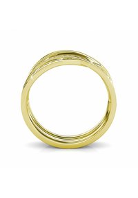 Gouden bandring met een gladde, gepolijste oppervlakte en drie met elkaar verweven banden. De ring heeft een glanzende afwerking en een afgerond ontwerp.