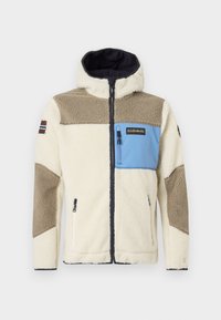 Fleece jacket in cream with tan and blue accents, featuring a zippered chest pocket, two side pockets, and a hood. Textured fabric detail.