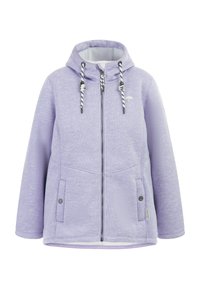 Fioletowa polarowa kurtka z kapturem, z przednim zamkiem błyskawicznym, dwoma bocznymi kieszeniami i wzorzystymi sznurkami. Gładka tekstura i regularny krój.