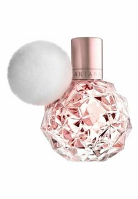 Vaaleanpunainen lasinen hajuvesipullo, jossa on monikulmainen muotoilu, ja joka on varustettu ruusukultaisella metallikannella sekä valkoisella pompomin korostuksella.