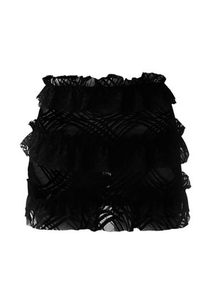 Black ruffled skirt made from layered lace, featuring a scalloped elastic waistband and intricate pattern details throughout.