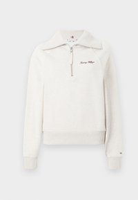 Light grey quarter-zip pullover sweatshirt with a high collar, ribbed cuffs, and hem, featuring "Tommy Hilfiger" embroidered in maroon.