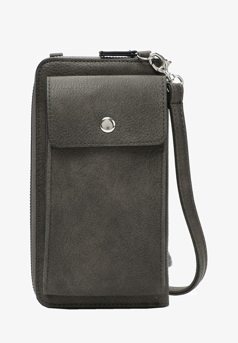 Portafoglio grigio con texture, dotato di una patta frontale, chiusura a bottone a scatto, tracolla e scomparto con zip, realizzato in pelle sintetica.