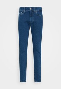 Vaqueros de denim azul con un ajuste slim, diseño de cinco bolsillos y cierre de botón de metal. Textura suave con un desvanecimiento mínimo.