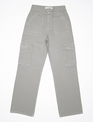 Grey cargo pants made of durable cotton fabric, featuring multiple pockets, a high waist, and a straight-leg design with a smooth texture.