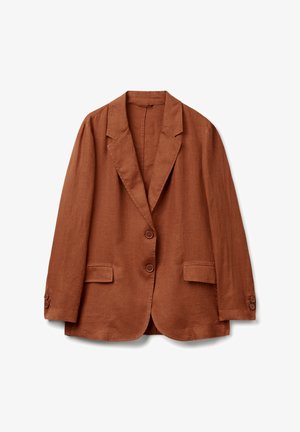 Brauner Leinenblazer mit klassischem Revers, zwei Knöpfen und zwei Fronttaschen. Verfügt über eine lockere Passform und lange Ärmel mit Knopfdetails.