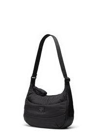 Sort nylon skuldertaske med afrundet form. Har en polstret design, justerbar rem og et logo-patch på forsiden. Glat tekstur.