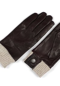 Brown leather gloves with ribbed beige knit cuffs, featuring a button accent on the wrist. Smooth texture, tailored finger design.