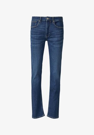 Dunkelblaue Jeans aus Denim mit geradem Schnitt, Fünf-Taschen-Design und kontrastfarbiger Naht. Verfügt über einen Reißverschluss und einen klassischen Bund.