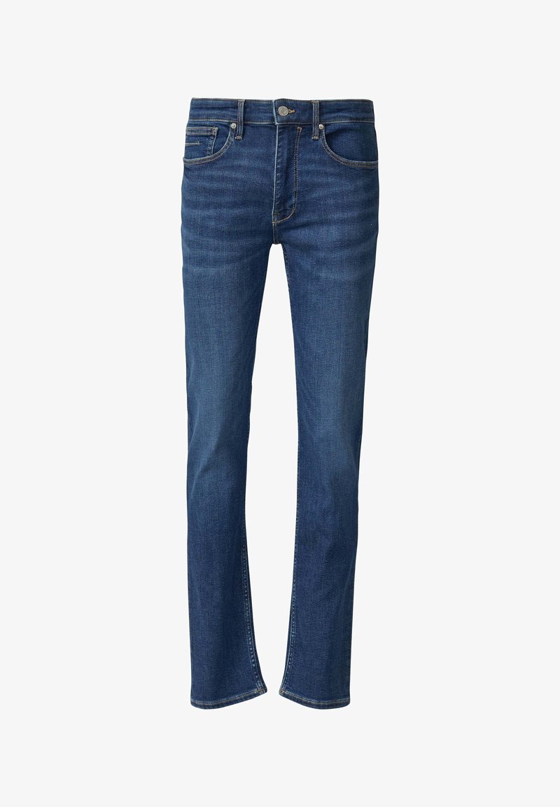 Dunkelblaue Jeans aus Denim mit geradem Schnitt, Fünf-Taschen-Design und kontrastfarbiger Naht. Verfügt über einen Reißverschluss und einen klassischen Bund.