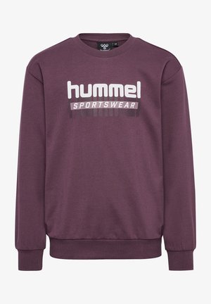 Sweatshirt violet à manches longues, avec des bords côtelés aux poignets et à l'ourlet, affichant un grand logo blanc "hummel" et "SPORTSWEAR" imprimé sur le devant.