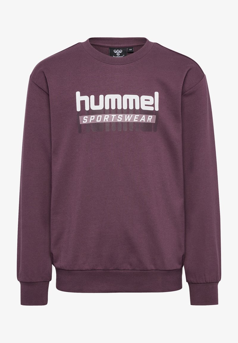 Lilla sweatshirt med lange ærmer, ribbede manchetter og bund, prydet med et fremtrædende hvidt logo "hummel" og "SPORTSWEAR" trykt på forsiden.