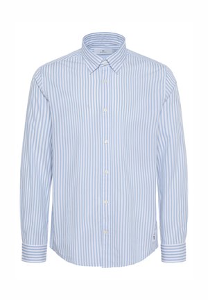 Camicia a maniche lunghe a righe blu chiaro e bianche con colletto a bottoni, bottoni frontali e orlo curvato. Realizzata in morbido tessuto di cotone.