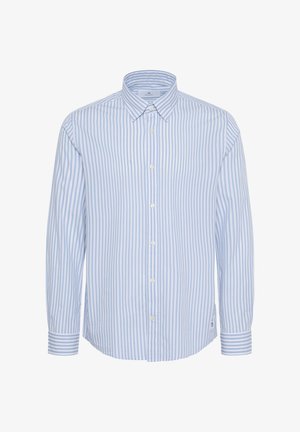 Cămașă cu mânecă lungă, în dungi albastre și albe, cu guler cu butoane, nasturi la față și margine rotunjită. Fabricată dintr-un material de bumbac neted.