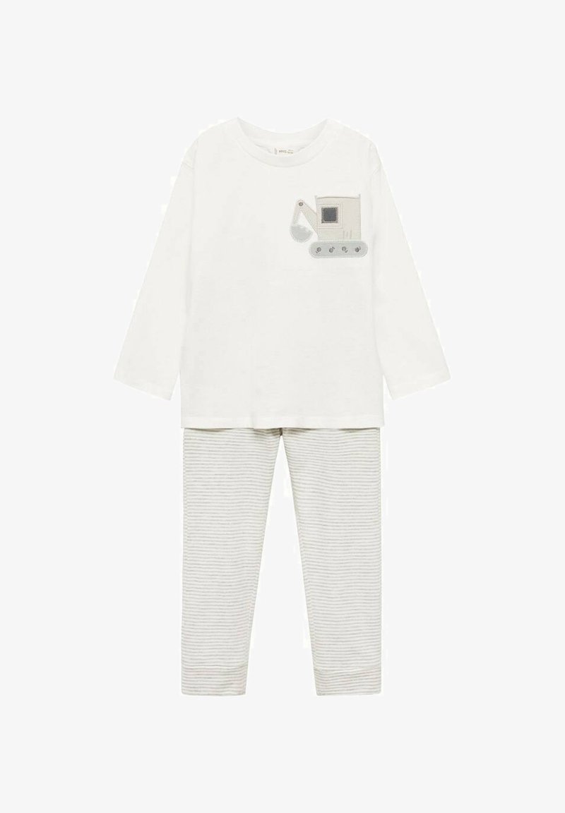 White long-sleeve shirt featuring a gray excavator applique. Light gray striped pants with elastic waistband. Soft cotton fabric.