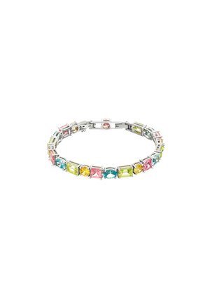Silberarmband mit abwechselnd rechteckigen und ovalen mehrfarbigen Edelsteinen in Pink, Gelb, Grün und Blau, angeordnet in einer durchgehenden Schleife.
