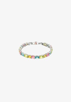 Silberarmband mit abwechselnd rechteckigen und ovalen mehrfarbigen Edelsteinen in Pink, Gelb, Grün und Blau, angeordnet in einer durchgehenden Schleife.