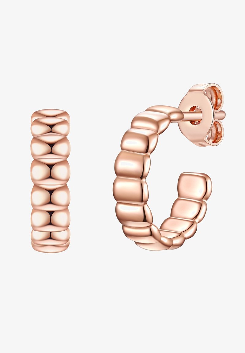 Rožių auksas auskarai su lygiu, apvaliu dizainu, turinčiu struktūrinės, išsikišusios dalis. Vieni yra tiesūs studai, kiti – lankelio stiliaus.