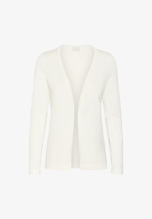 Cardigan blanc en tissu doux, doté de manches longues, d'un design à encolure ouverte et d'une texture subtile. Aucun bouton ou système de fermeture visible.