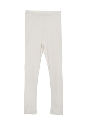 Leggings en beige clair à côtes avec une taille élastique, présentant une coupe ajustée et des jambes droites. Sans motifs ni matériel supplémentaire.