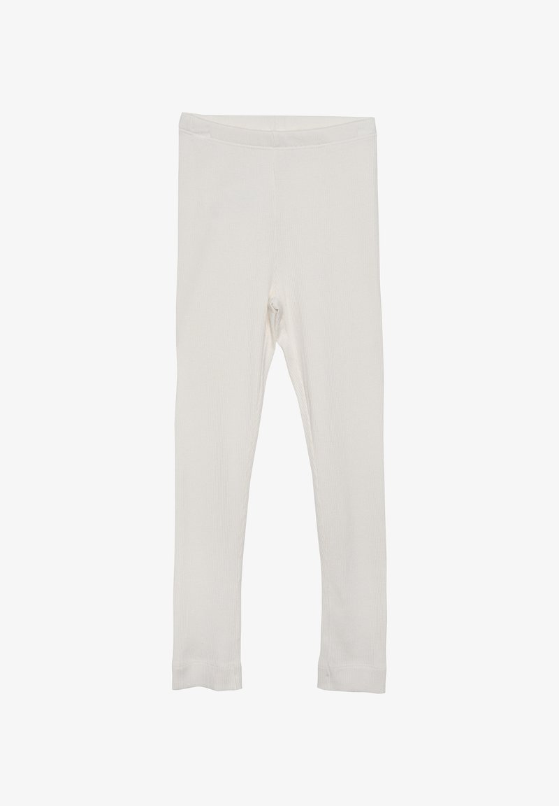 Lichtbeige, geribde leggings met een elastische tailleband, die een strakke pasvorm en rechte broekspijpen hebben. Geen bijkomende patronen of hardware.