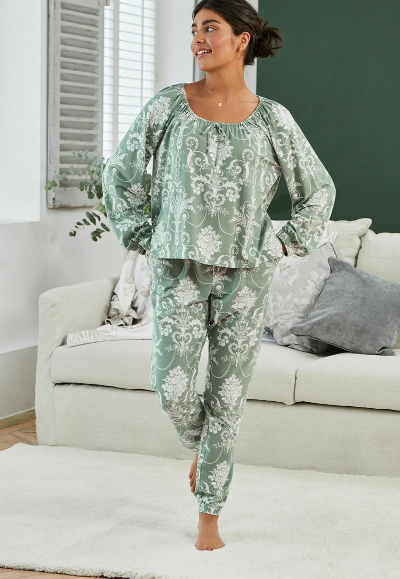 Anyally Plus Size Pajama Set For Women – Soft Rayon V-Neck Sleepwear With Pockets, Fall Lounge Set, Green, Large