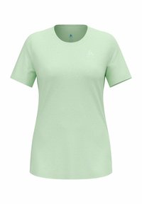 T-shirt vert clair à manches courtes en tissu doux, avec un col rond et un logo discret sur le devant.