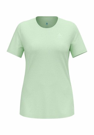 Lichtgroene t-shirt met korte mouwen, gemaakt van zachte stof, met een ronde hals en een subtiele logo op de voorkant.