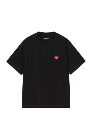 T-shirt in cotone nero con maniche corte e scollatura rotonda. Presenta un piccolo logo a forma di cuore rosso nella zona sinistra del petto.