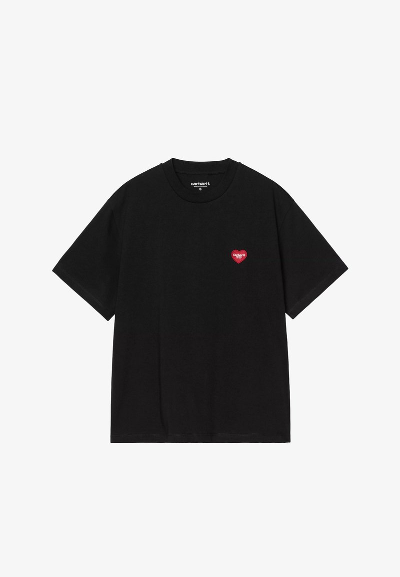 Schwarzes Baumwoll-T-Shirt mit kurzen Ärmeln und rundem Halsausschnitt. Mit einem kleinen roten Herz-Logo auf der linken Brustseite.