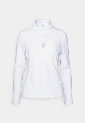 White fleece pullover with a high collar, long sleeves, and a quarter-zip. Features a small spider logo in silver on the chest.