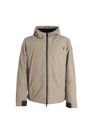 Giacca beige con cappuccio, dotata di zip frontale completa, tasca sul petto con zip e polsini elasticizzati. Materiale liscio e leggero con finitura opaca.