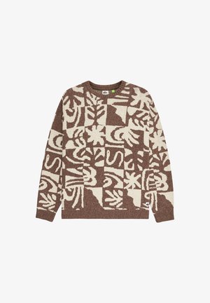 Maglione marrone e crema con motivo, col girocollo, caratterizzato da disegni astratti e un materiale a maglia testurizzato. Include un piccolo logo.